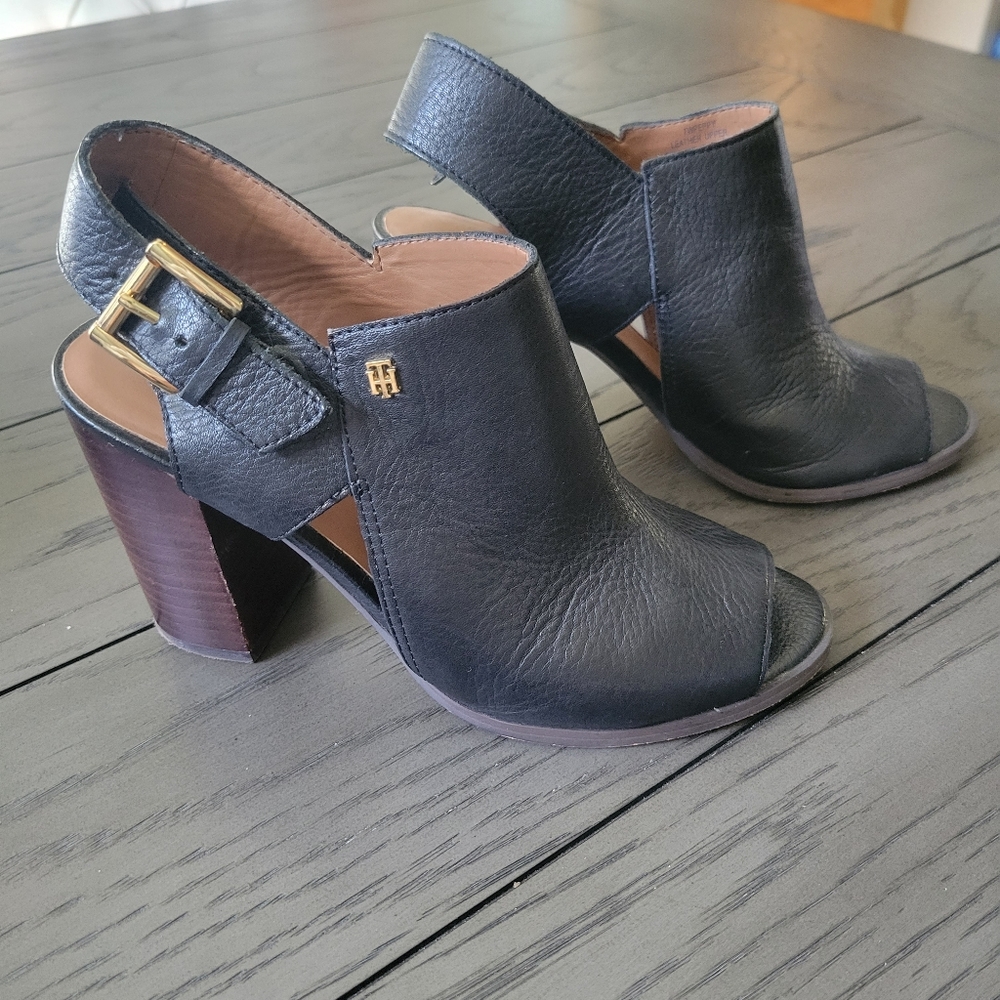 Womens Tommy Hilfiger Peppy Peep Toe Open Heel Bootie Pumps shoes Black boots